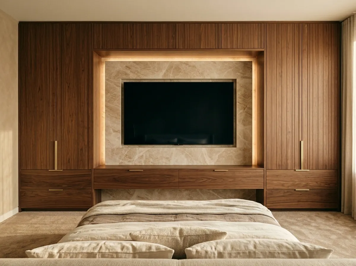 Bespoke bedroom entertainment wall with recessed TV, warm white LED lighting and concealed cable management, Cobham Surrey
