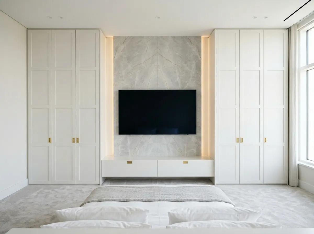 Bespoke bedroom media wall with TV recess, dimmable LED lighting and integrated storage, Surrey
