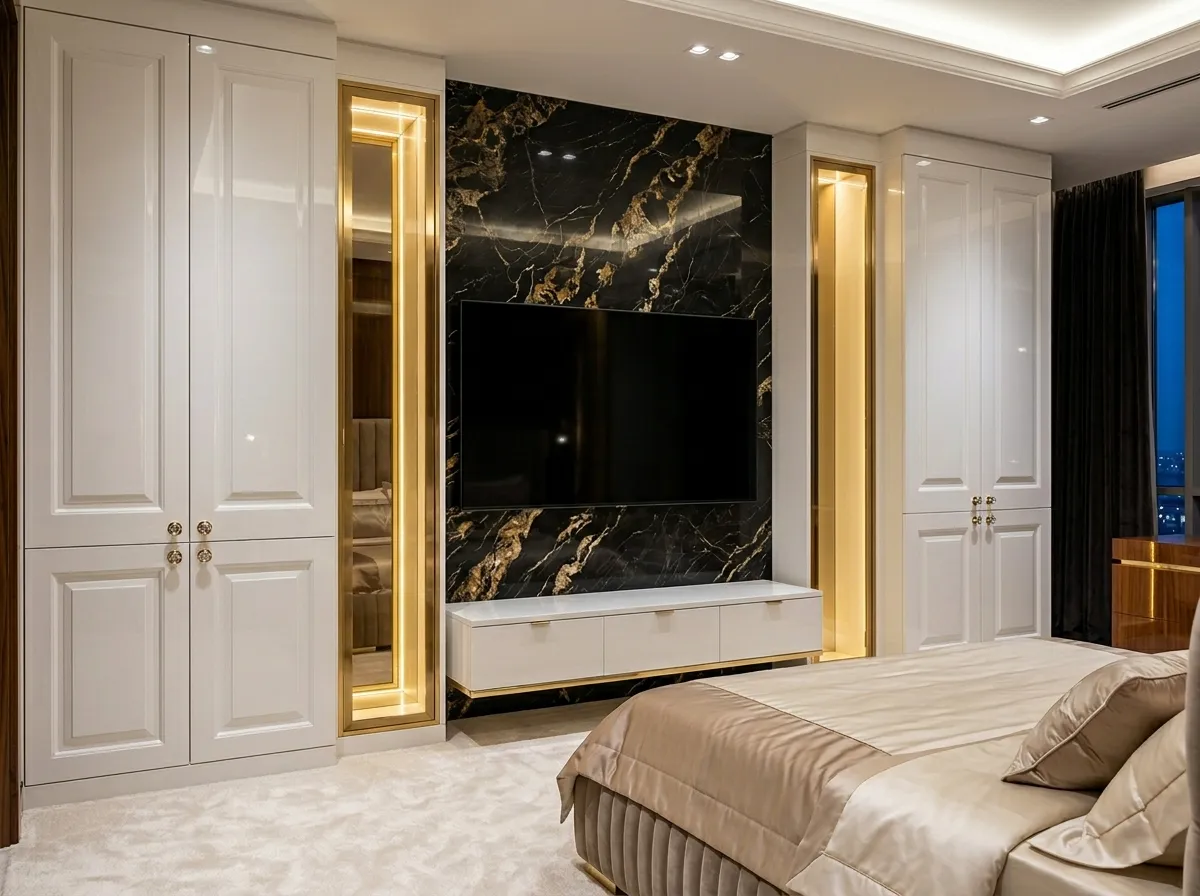 Bedroom media wall with marble surround and integrated wardrobes, TV recess with LED lighting, Weybridge Surrey