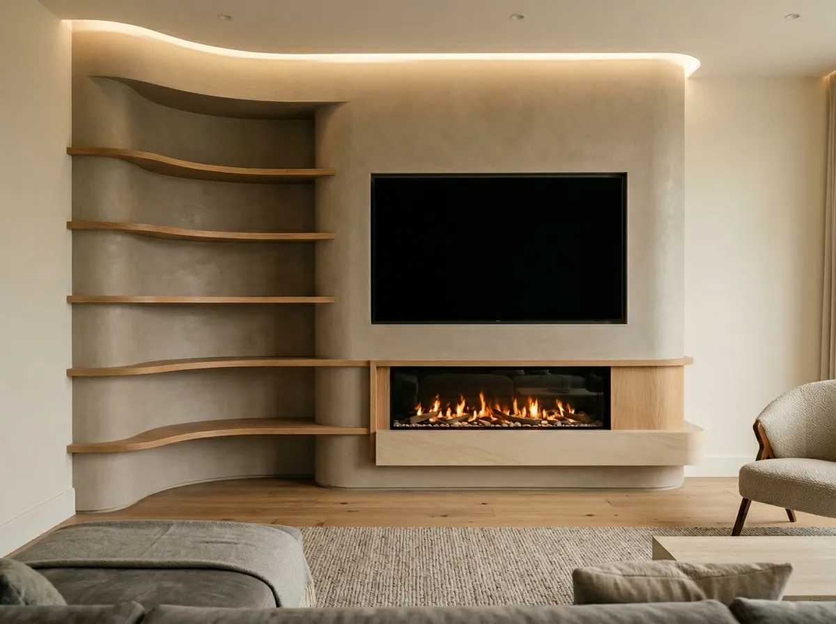 Corner media wall with curved organic oak shelving spanning the corner, Venetian plaster finish and linear fireplace, Weybridge Surrey