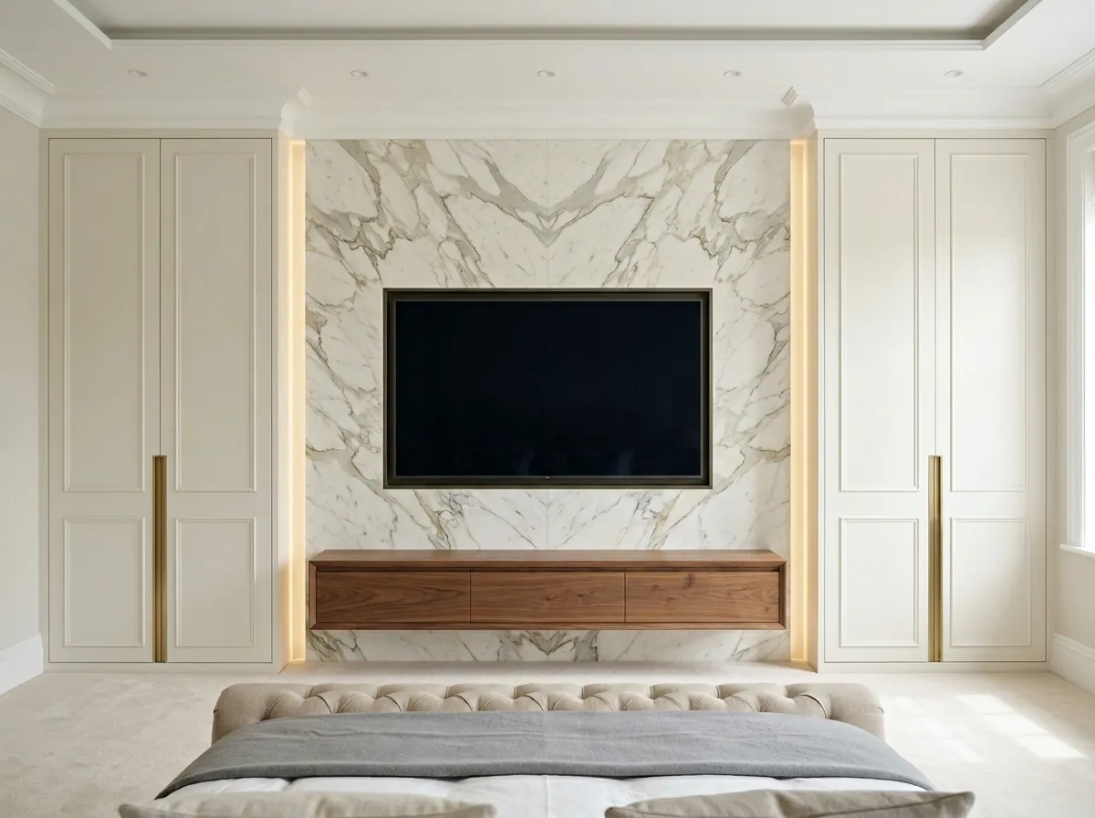 Luxury bespoke bedroom media wall with TV recess, dimmable LED strip lighting and concealed cable management, Surrey
