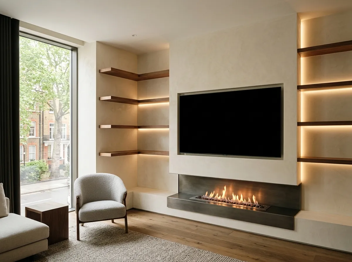 Bespoke corner media wall with Venetian plaster walls, walnut floating shelves wrapping the room corner and steel linear fireplace, Surrey