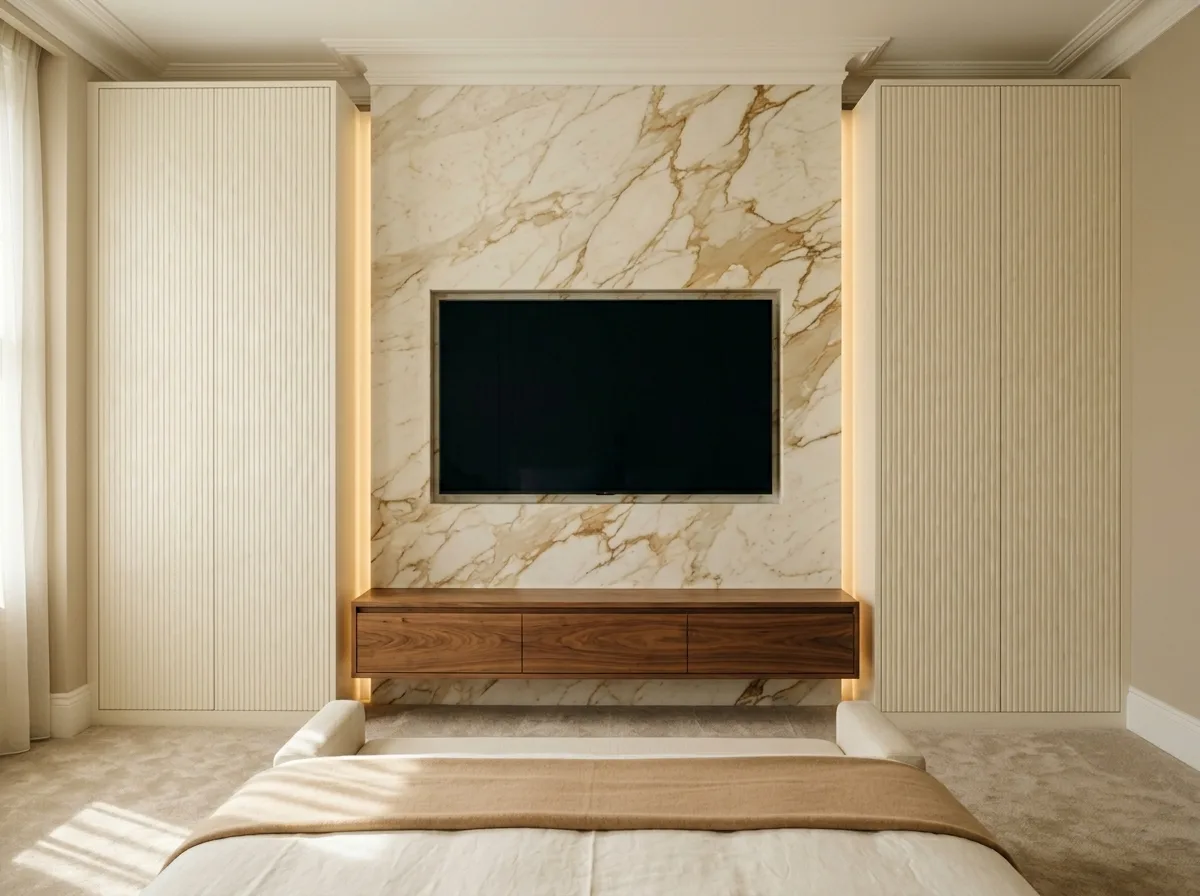 Master bedroom media wall with built-in TV recess, integrated storage and LED strip lighting, Esher Surrey
