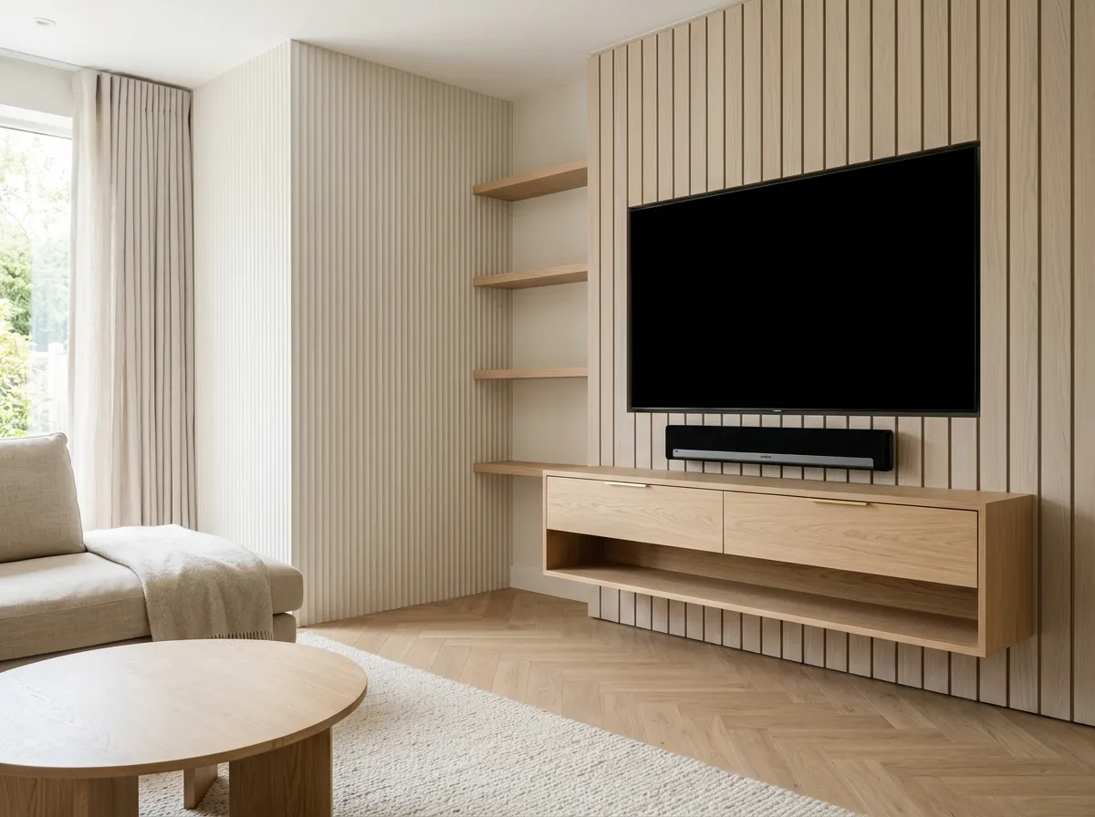 Corner media wall with full-height fluted oak panels wrapping the corner, floating shelving in the alcove and oak TV unit, Guildford Surrey