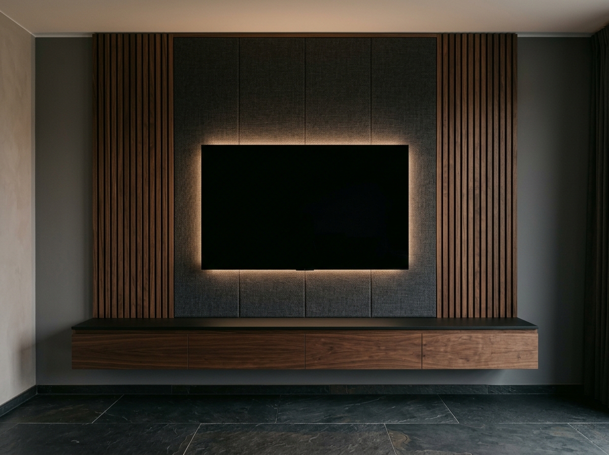Bespoke media wall with oak wood panels and integrated lighting