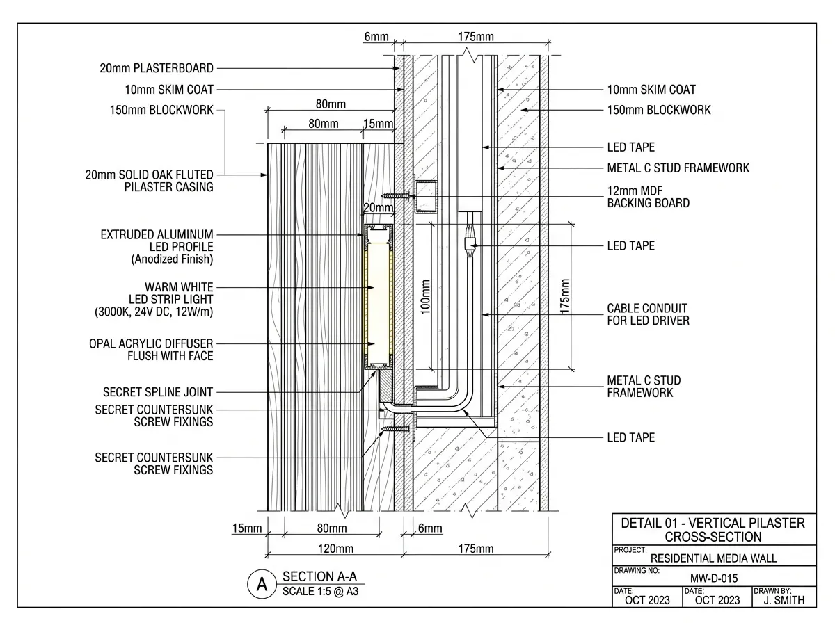 Detail view showing LED column treatment and cabinetry proportions