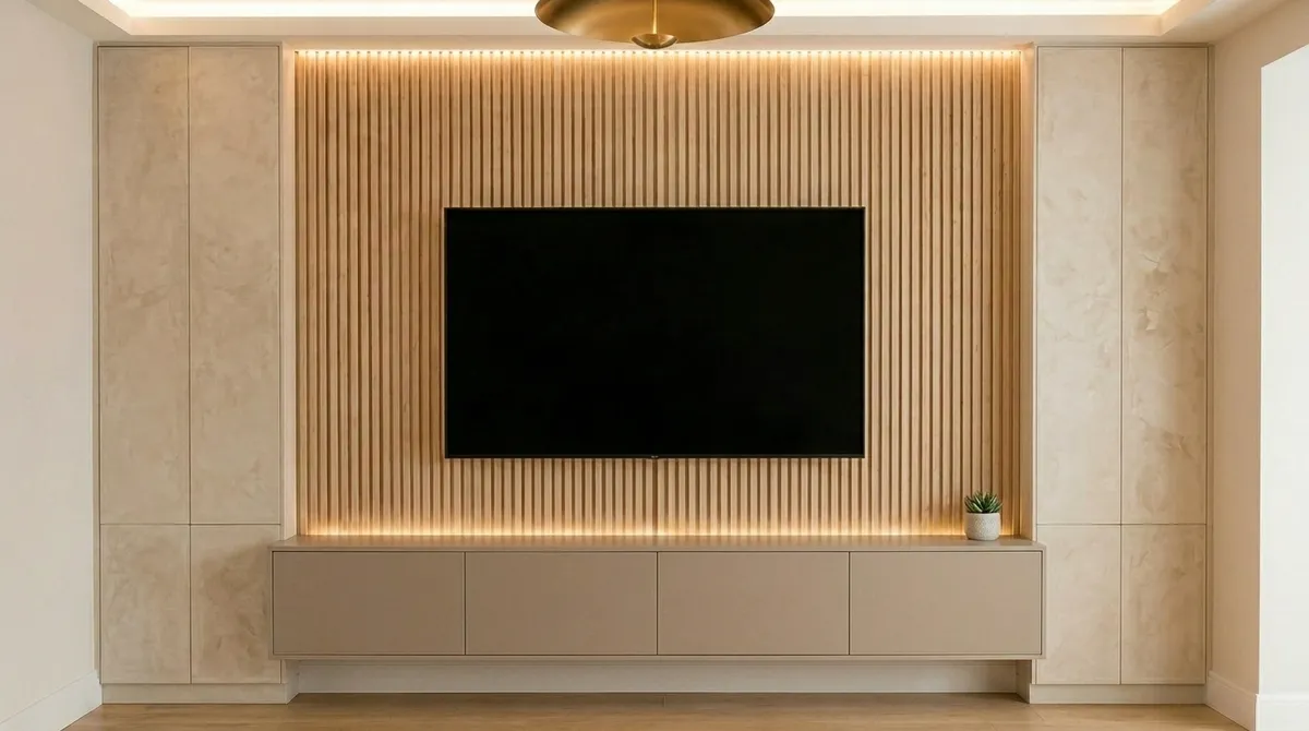 Oak Slatted Wall with Plaster Cabinetry, Amersham, Buckinghamshire