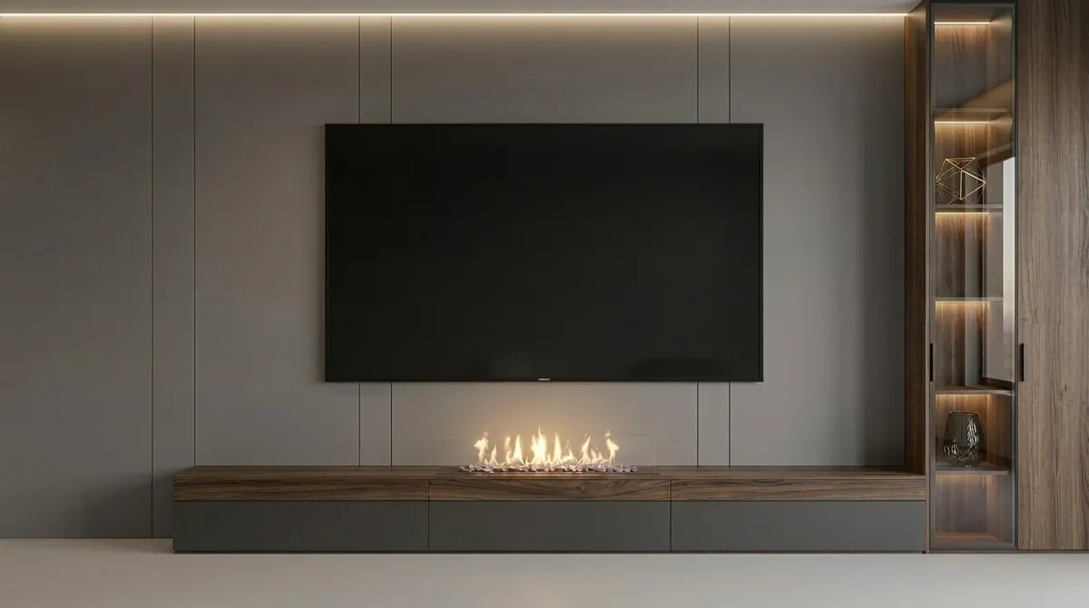 Minimalist Media Wall with Linear Fire, Billericay, Essex