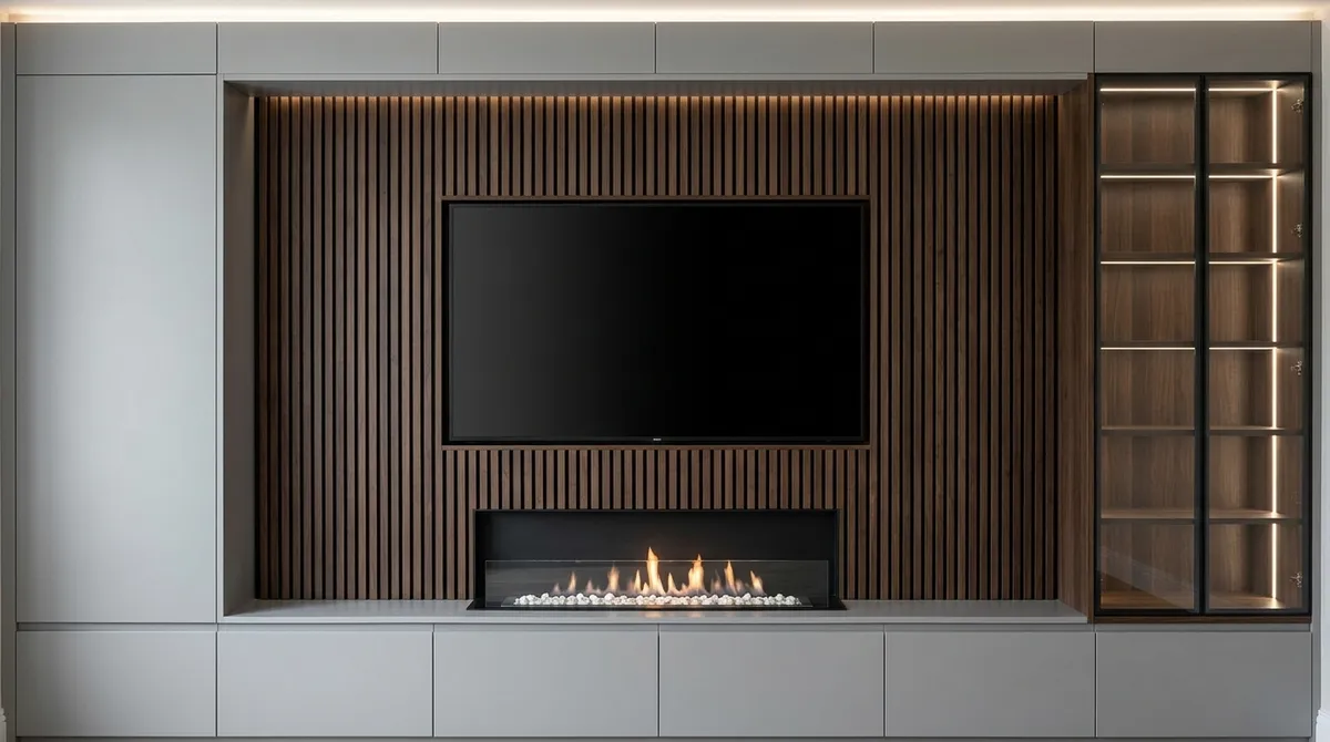 Slatted Walnut Media Wall with Linear Fire, Witney, Oxfordshire