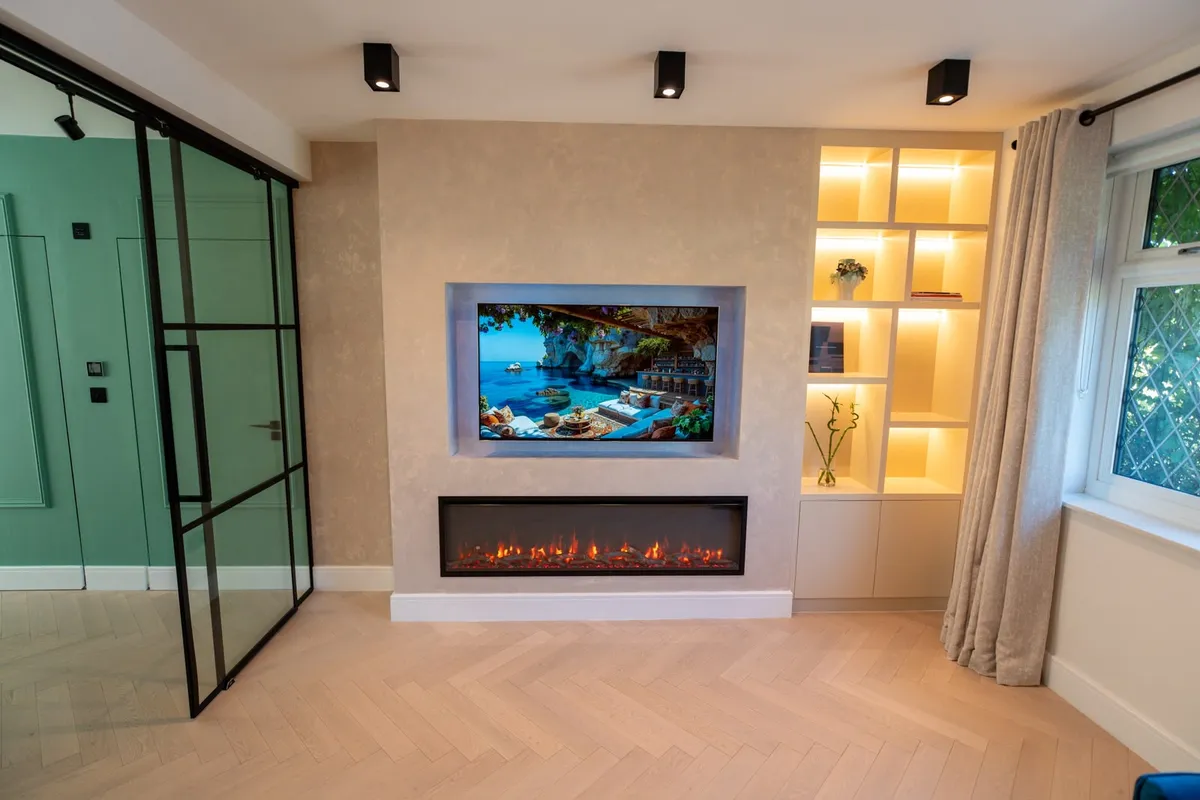 Plaster media wall with linear fire, Rickmansworth Hertfordshire