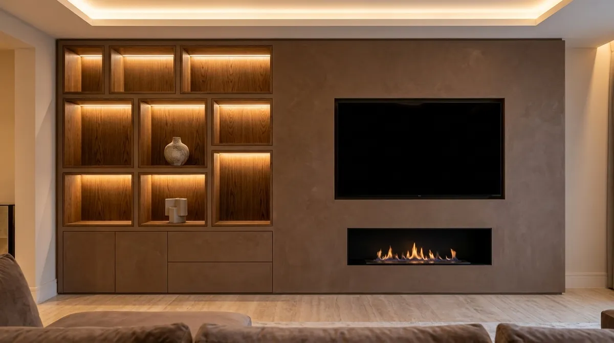 Micro-Cement Wall with Backlit Walnut Niches, Chalfont St Giles, Buckinghamshire