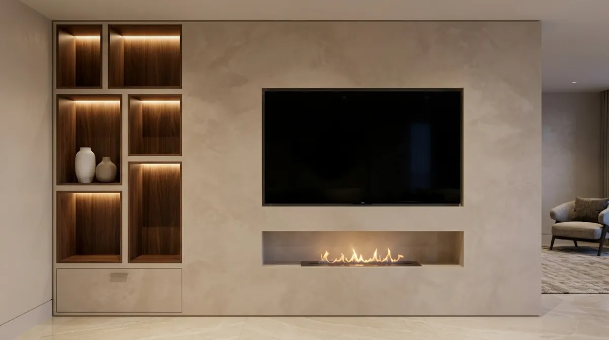Polished Plaster Wall with Walnut Recesses, Chorleywood, Hertfordshire