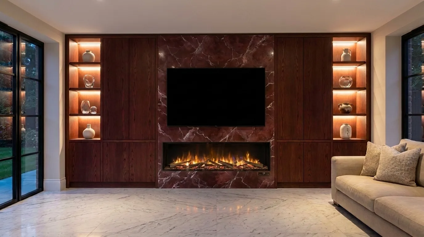 Full width media wall in an Essex home with oxblood stained oak cabinetry, a marble centre panel, a recessed 75 inch television and a wide landscape fire beneath it