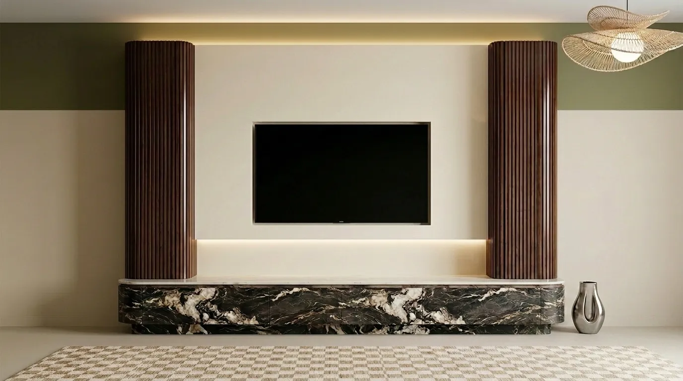 Design render of a fluted walnut and marble media wall, media wall company Essex