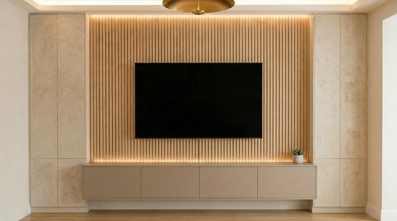 Design render of an oak slat media wall with LED lighting, media wall Essex