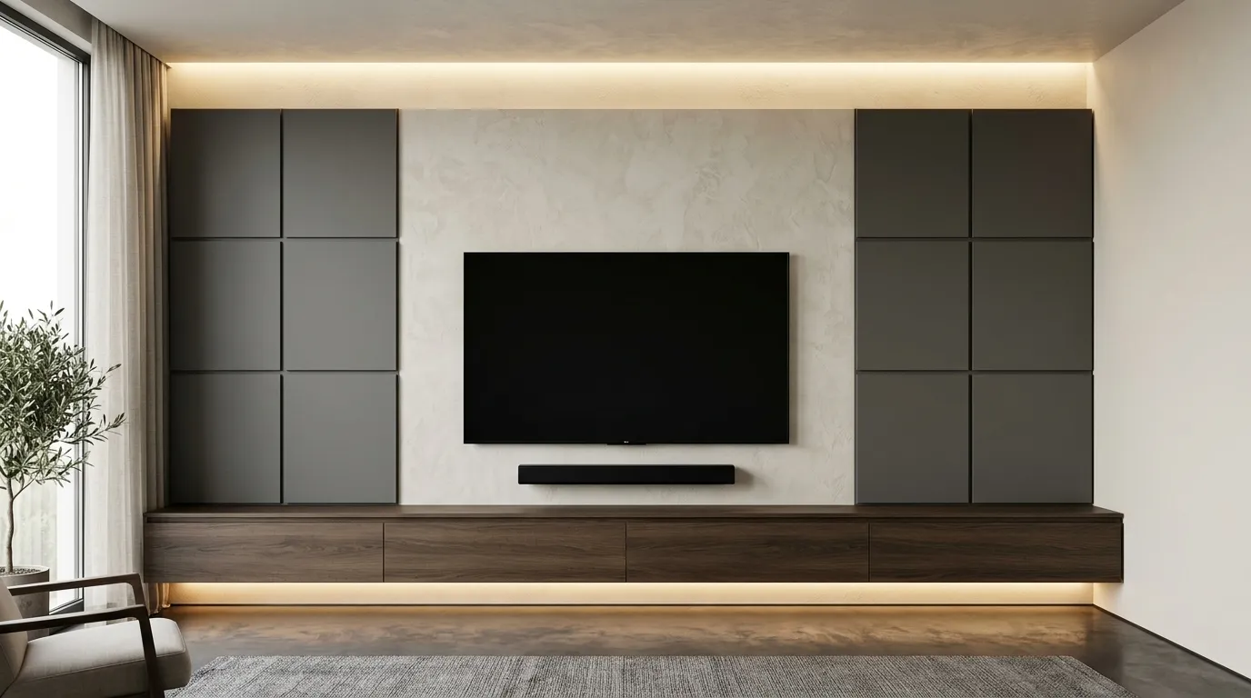 Design render of a media wall with floating walnut cabinetry, bespoke media wall Essex