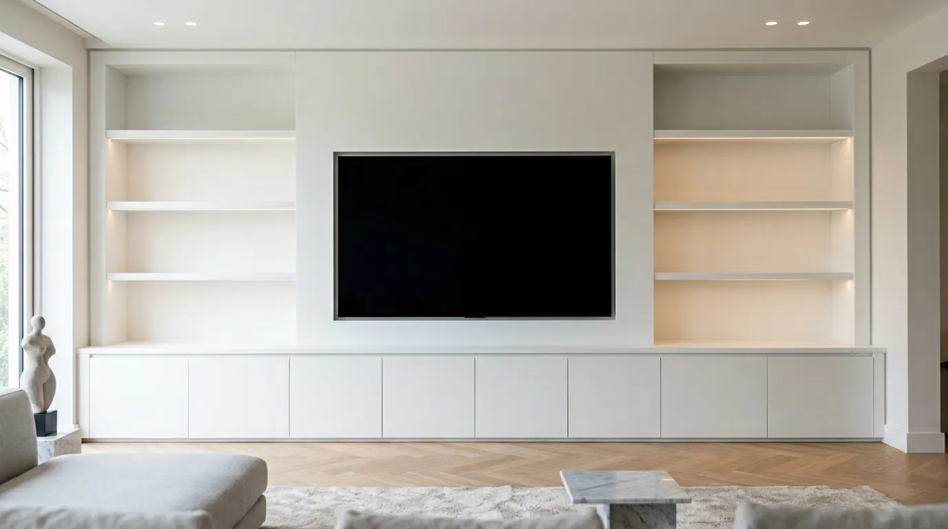 Design render of a white bespoke media wall with recessed TV, media wall installers Essex