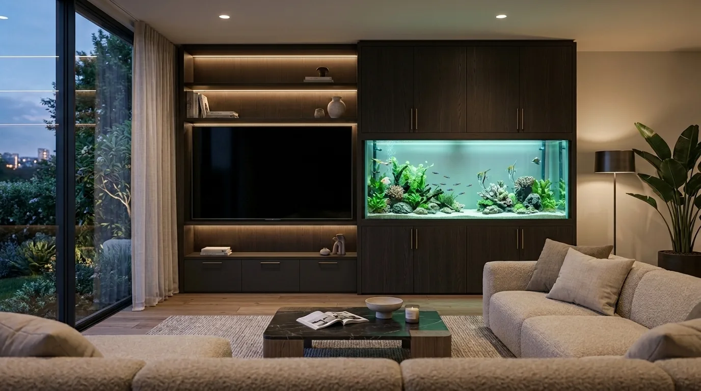 Dark timber media wall with TV, built-in fish tank and cupboard storage above and below the aquarium, London