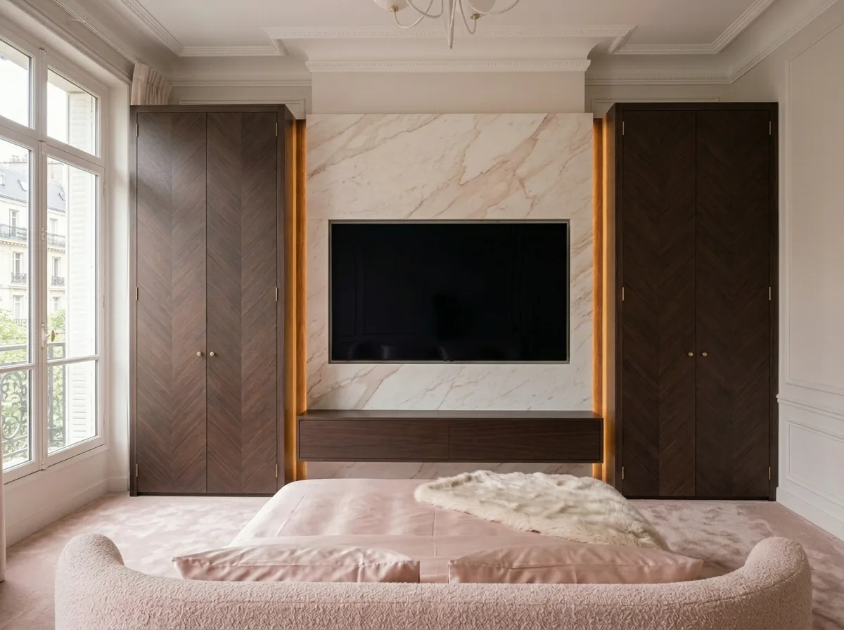 Dark wood bedroom media wall with recessed TV, integrated storage and LED lighting, Putney London