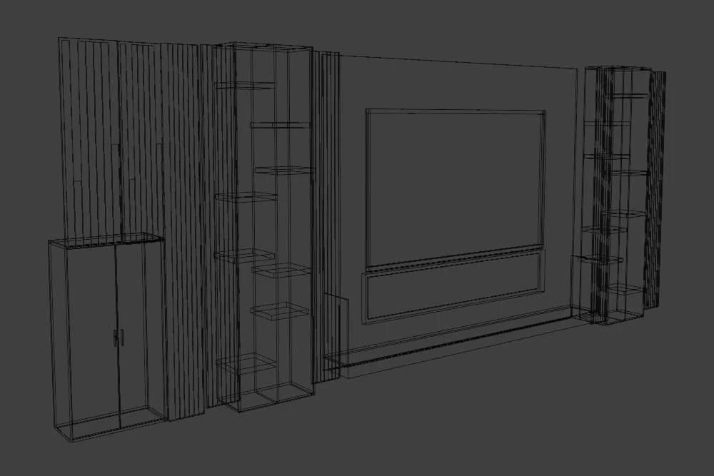 Wireframe view of a bespoke media wall in progress, showing the tall cabinet, slatted panelling and open shelving set out in three dimensions