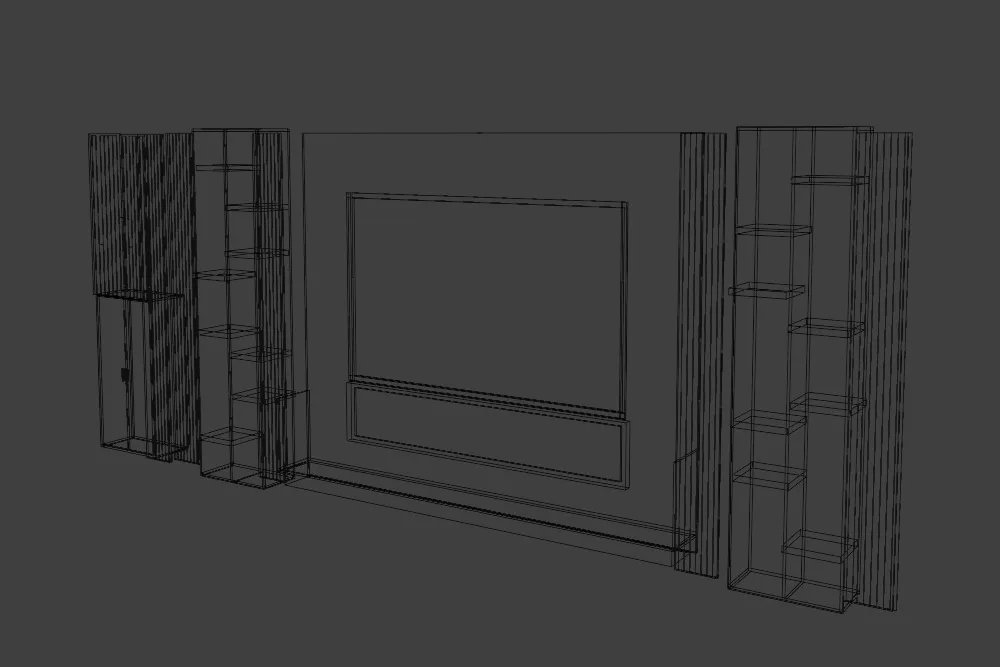 Wireframe view of the same media wall square on, showing the central TV recess, the linear fire aperture below it and the shelf runs either side