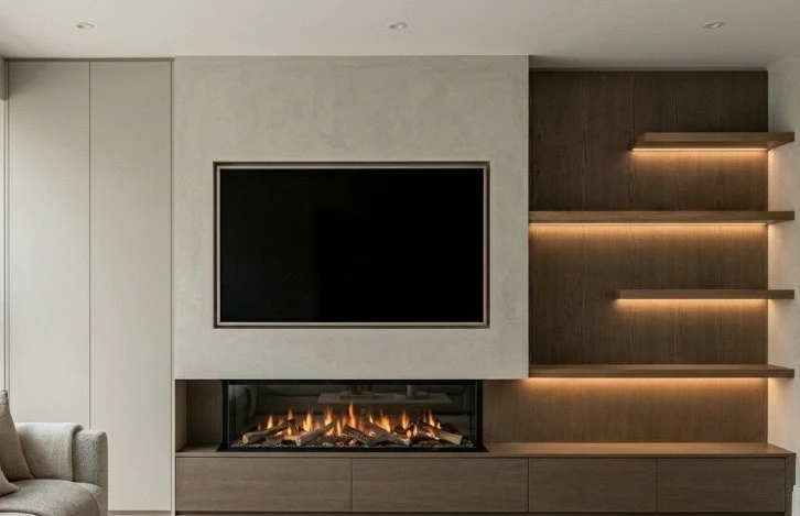 Finished bespoke media wall in a Kent home with recessed television, linear fire, full-height cabinetry and illuminated timber shelving
