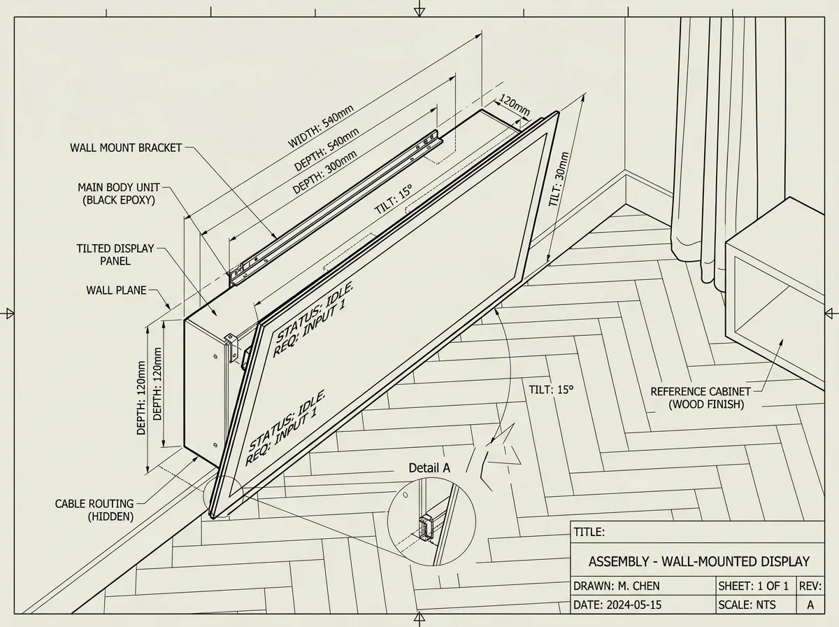 Cabinetry detail: push-to-open doors with concealed AV routing behind