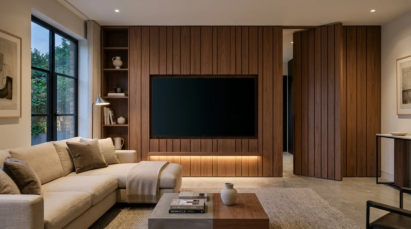Hidden door media wall with push-to-open panel disguised within the joinery