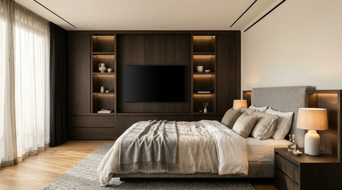 Dark oak bedroom media wall with symmetrical shelving and TV recess