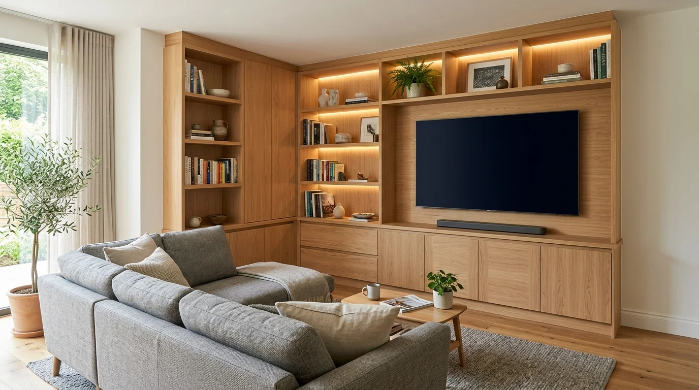 Corner L-shaped media wall wrapping around two walls