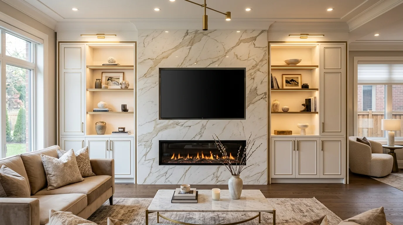 Marble feature panel media wall with linear fireplace and flanking cabinetry