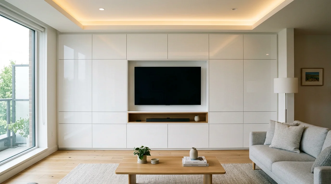 Full-wall white gloss media wall with handleless doors and TV recess