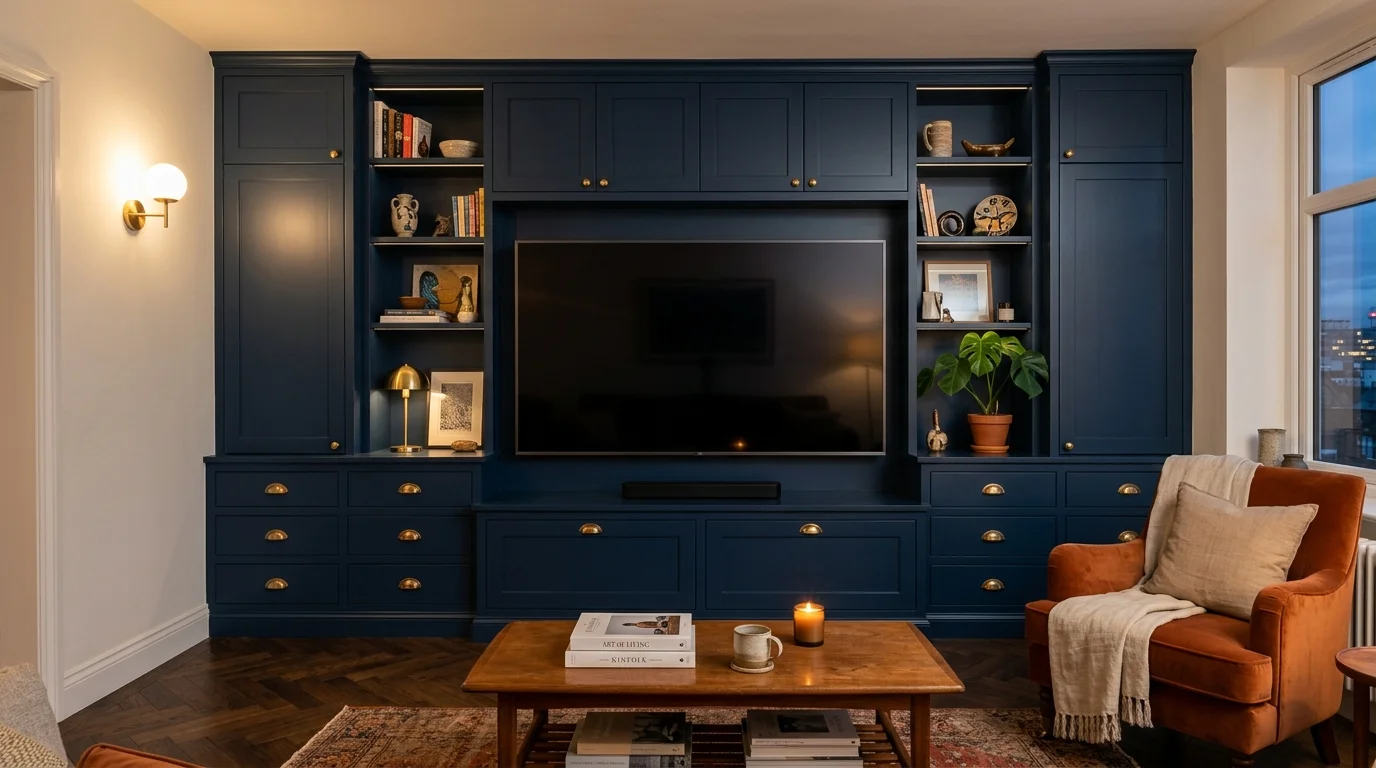 Navy blue shaker media wall with brass cup handles and open shelving