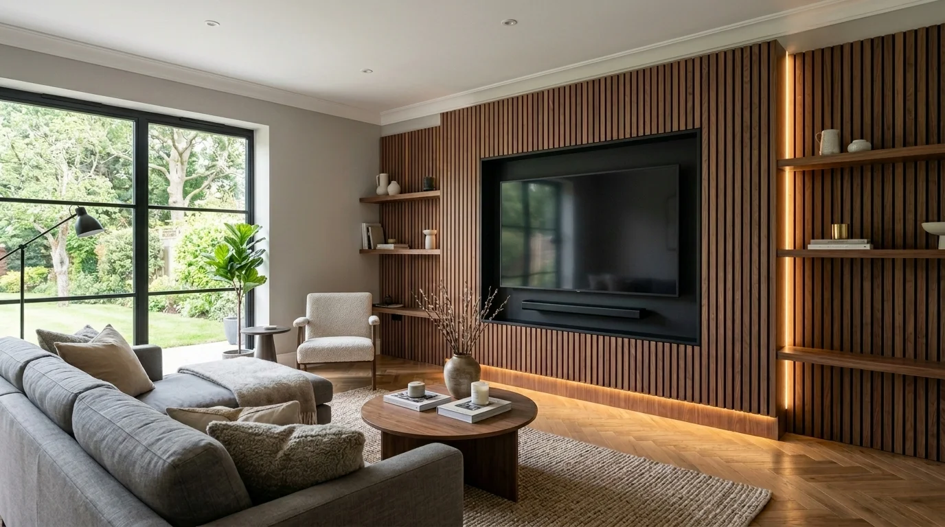 Walnut slat panel media wall with recessed TV and floating shelves