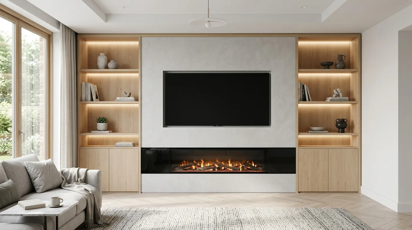Oak Shelving with Fireplace