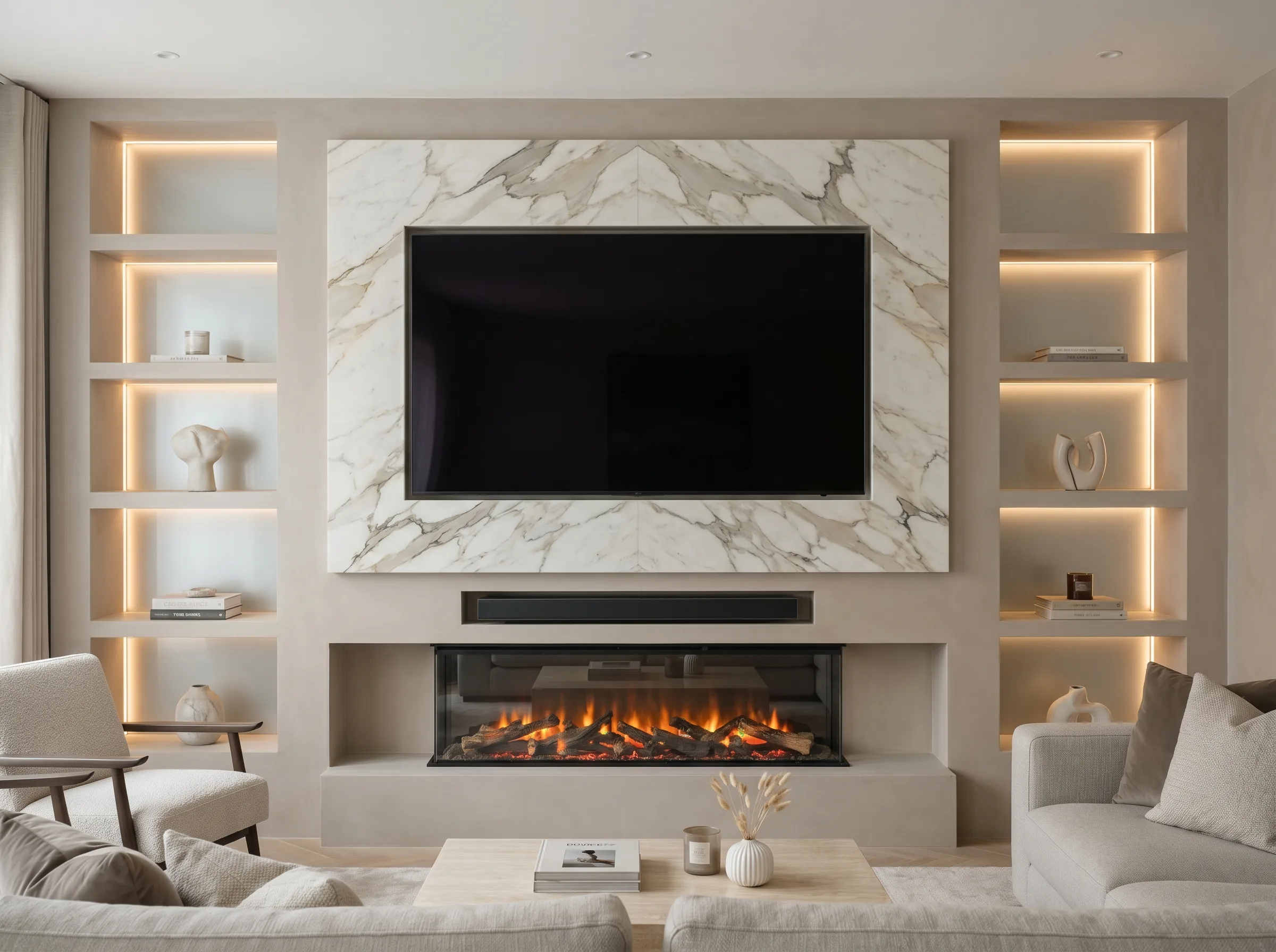 Venetian plaster media wall with warm ambient lighting and sculptural surface texture