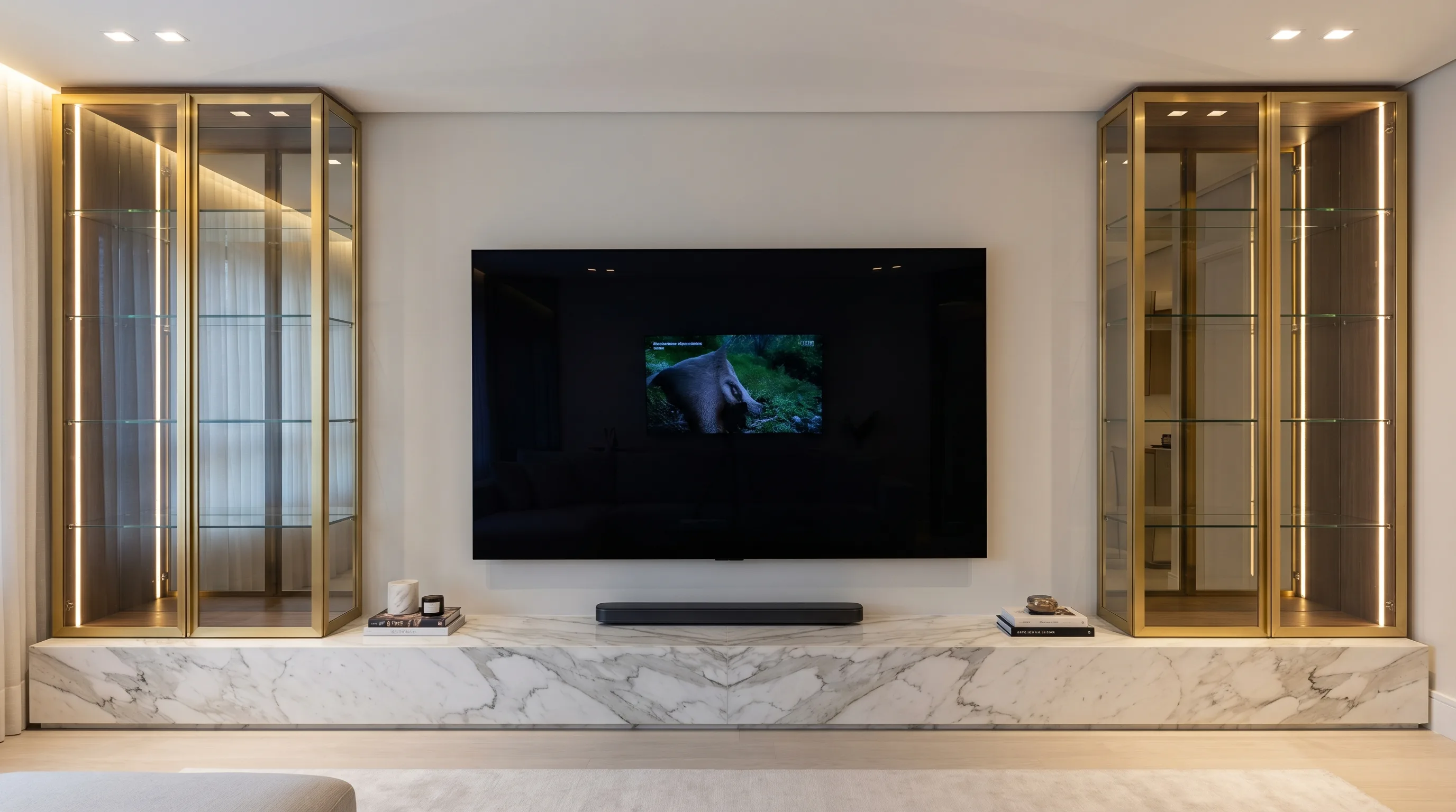 Soft neutral media wall in stone beige tones with brushed metallic detailing