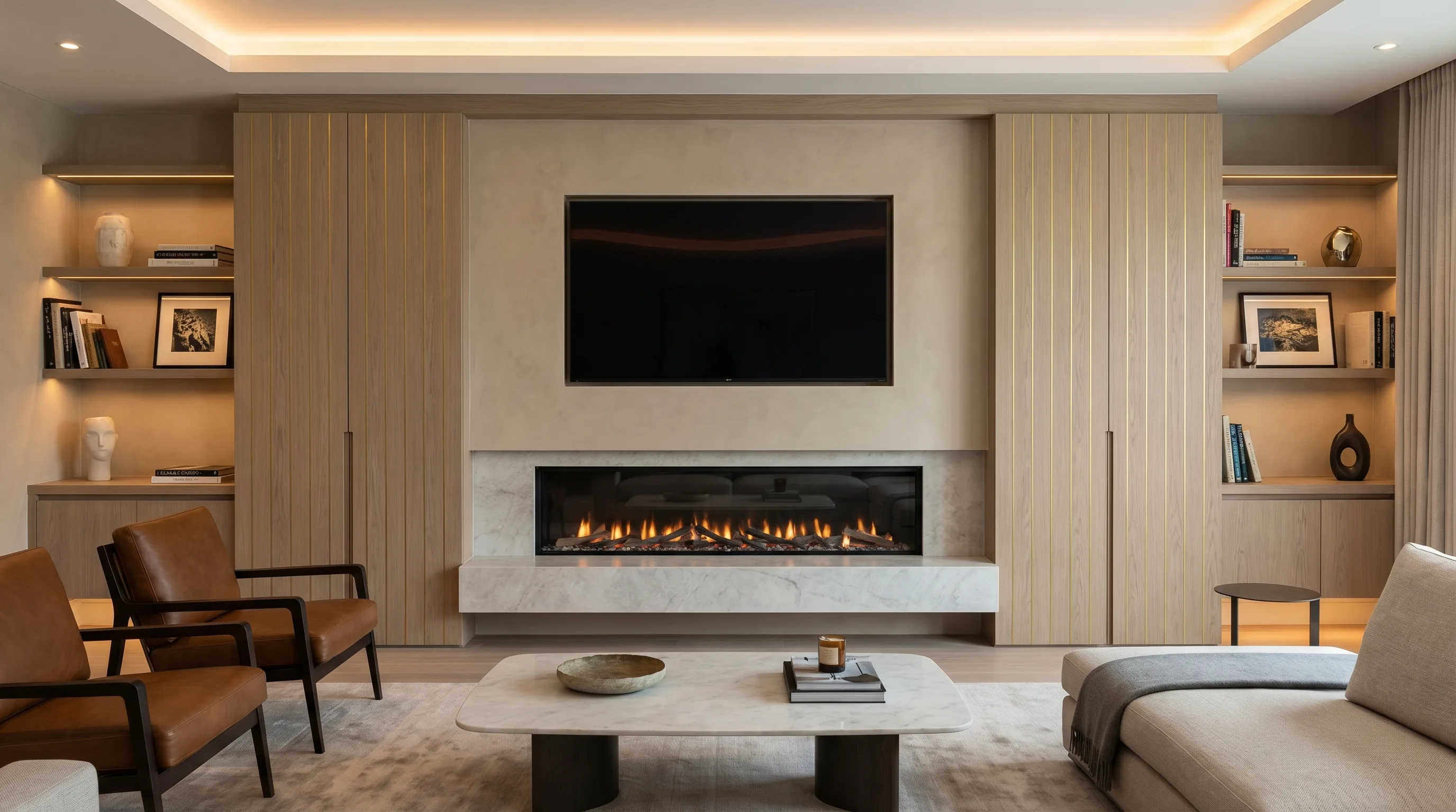 Library media wall with dark oak bookshelving flanking the television
