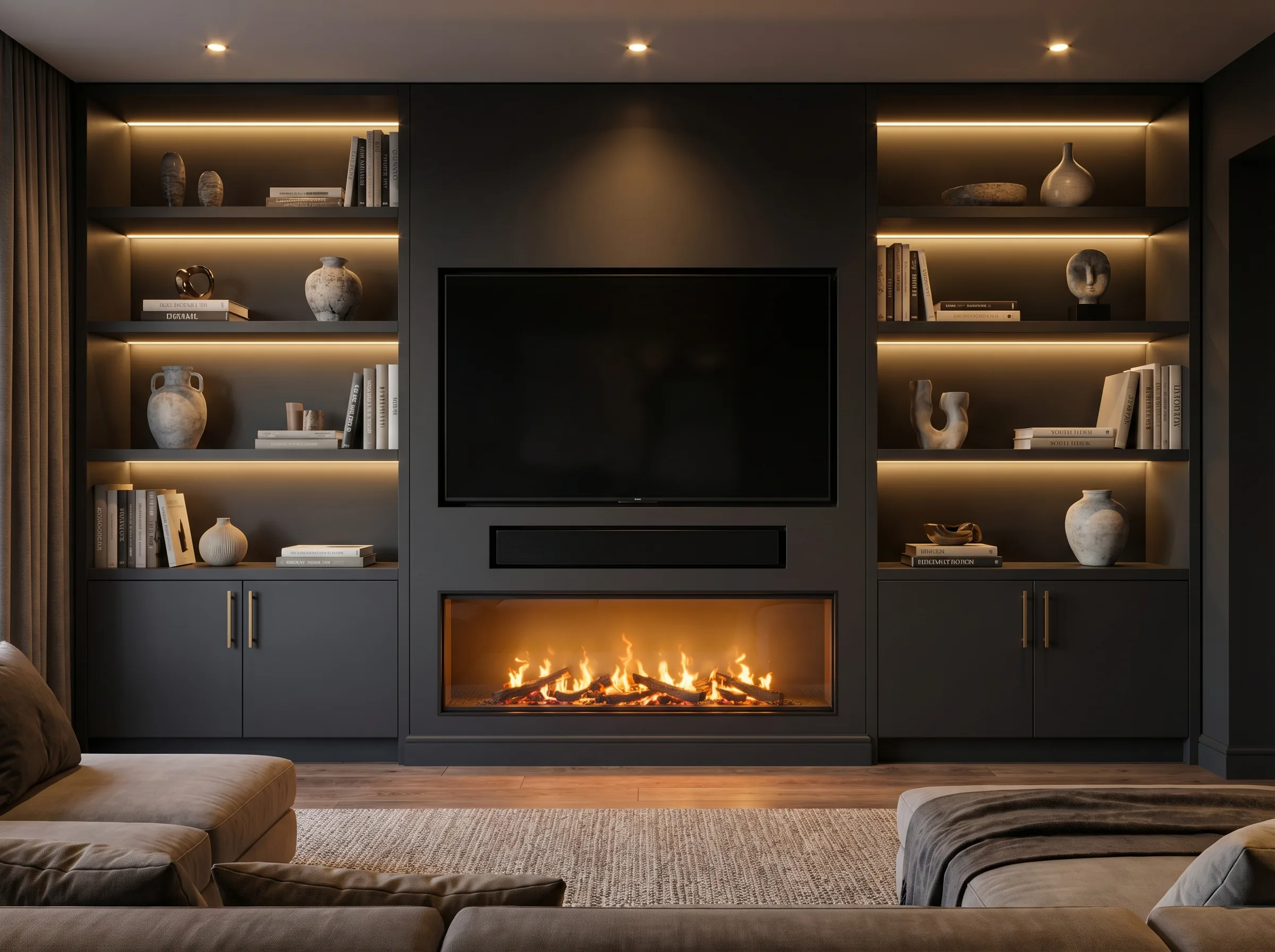 Dark Shelving with Fireplace