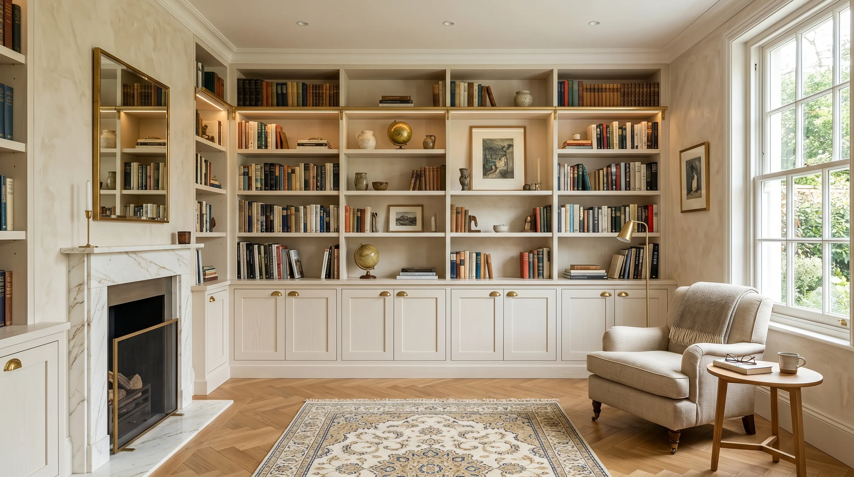 Bespoke floor to ceiling home library with fitted shelving and reading room London