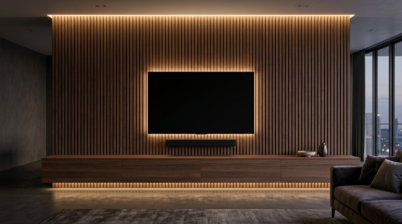Full-width dark walnut slatted media wall with backlit TV recess and floating walnut cabinet, warm LED lighting