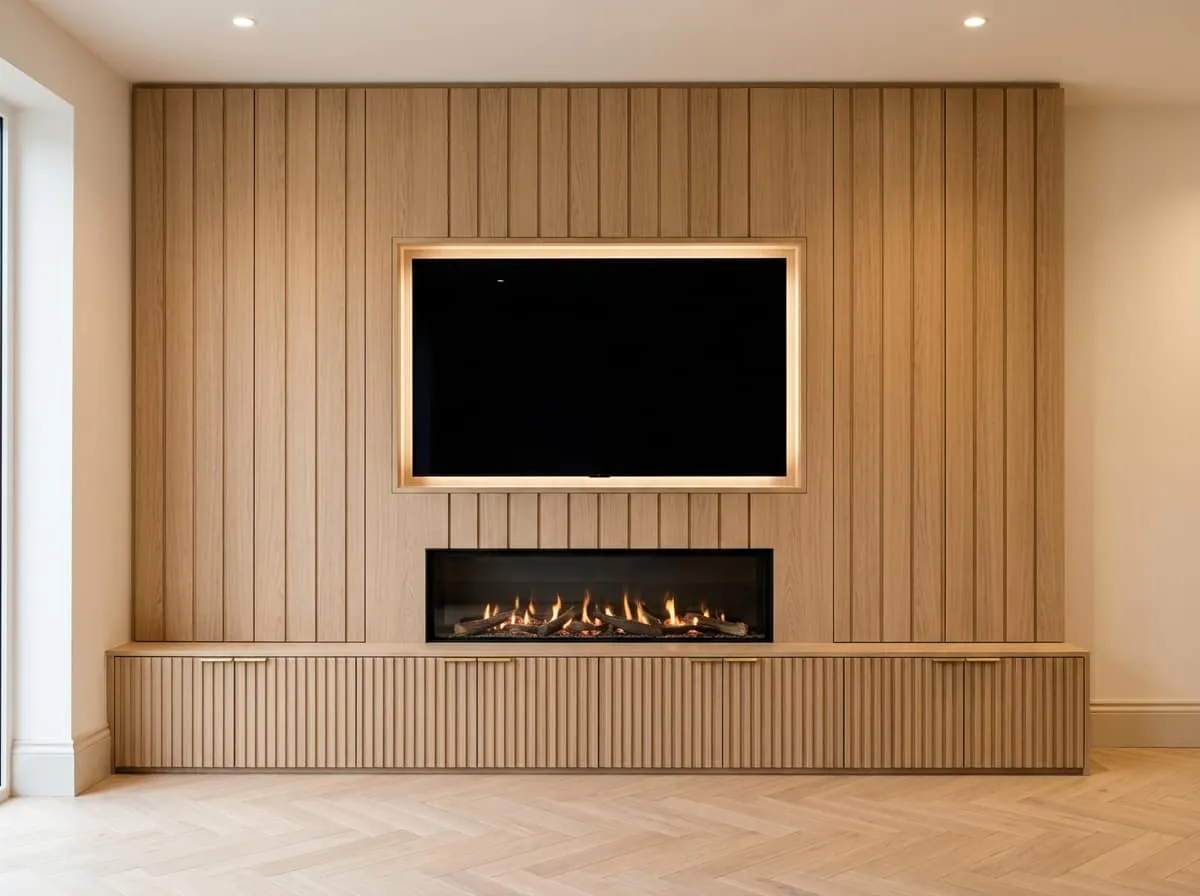Bespoke media wall with full-height fluted oak panels, brass TV recess and linear fireplace, Surrey