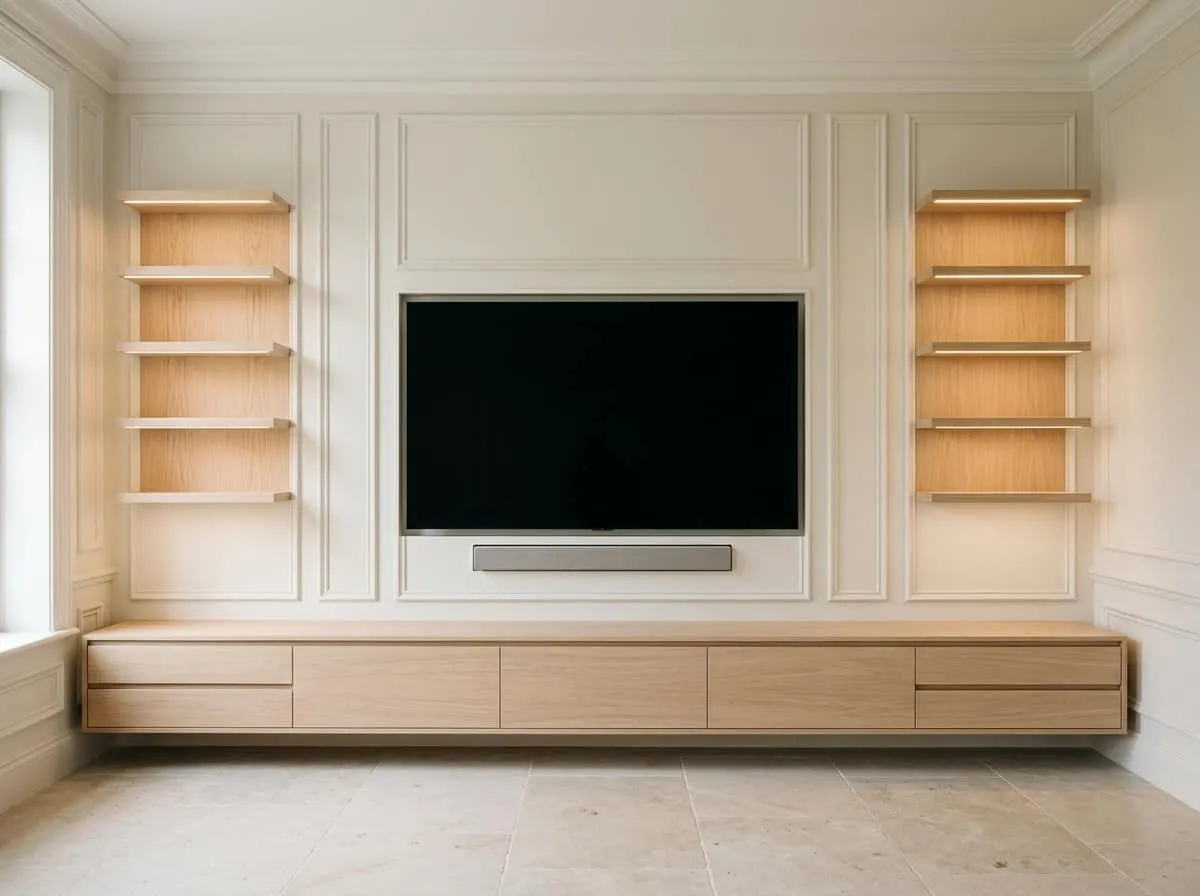 Media wall with white painted Shaker panel mouldings, flanking illuminated floating oak shelves and wide floating oak TV unit, Surrey