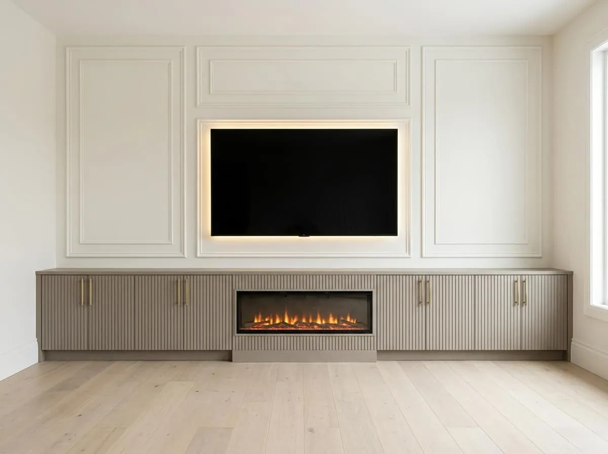 Media wall with white moulded panel surround, wide grey fluted cabinetry unit with brass handles and integrated linear electric fireplace, Surrey