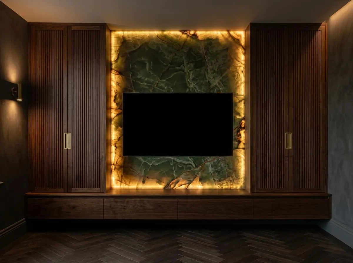 Dramatic media wall with backlit verde green onyx surround, dark walnut fluted cupboard doors and floating walnut TV unit