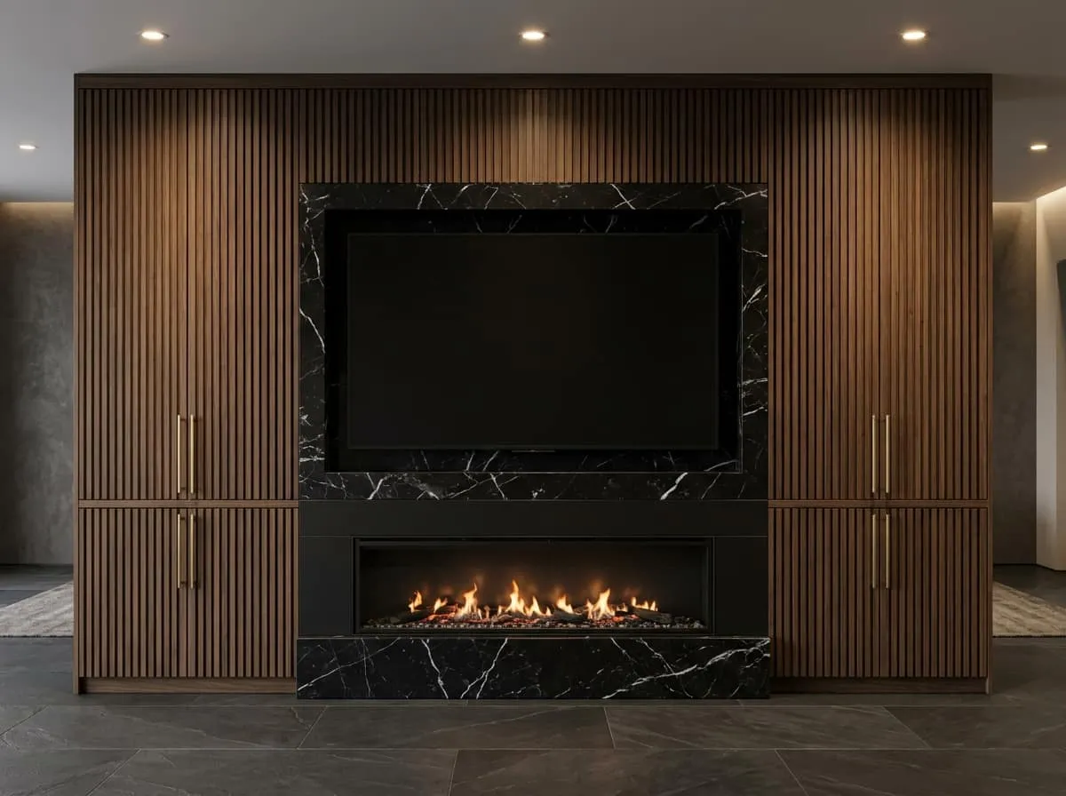Bespoke media wall with walnut slatted panels, black marble TV surround and linear fireplace built by LV Carpentry
