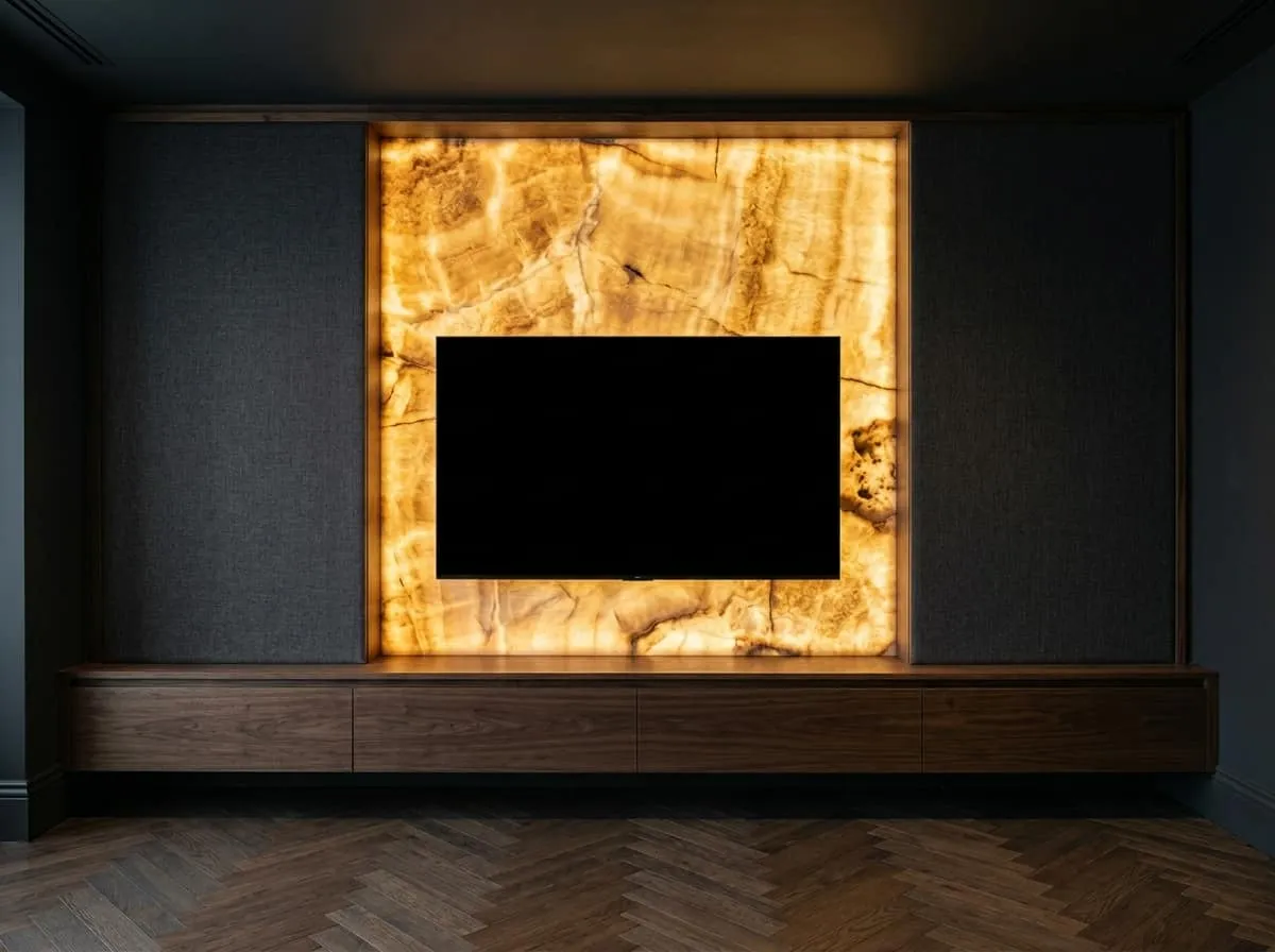 Bespoke media wall with backlit honey onyx stone surround, warm amber LED lighting and floating walnut TV unit