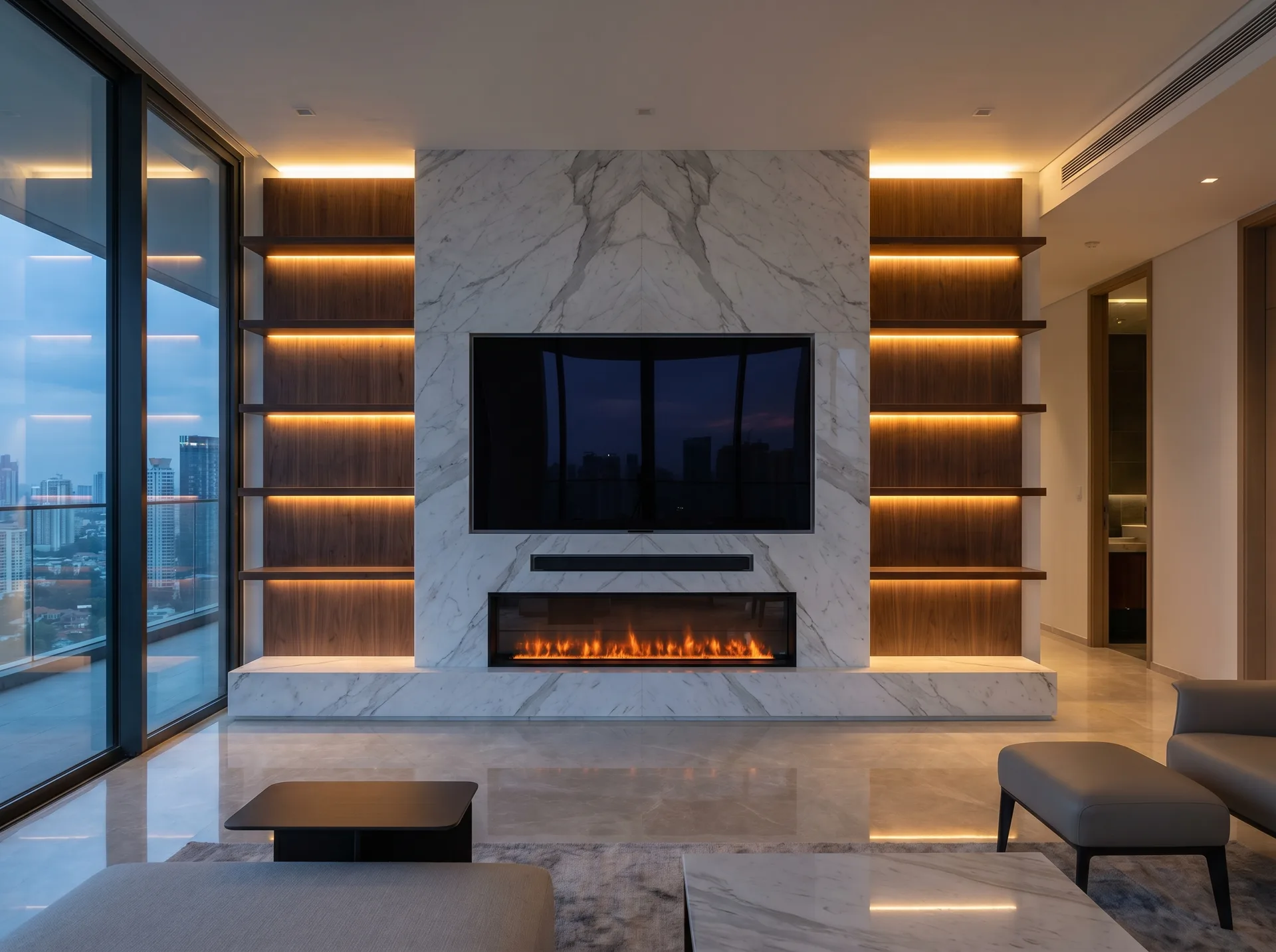 Bespoke media wall in book-matched marble with a linear fire and backlit walnut shelving either side, by media wall installers in Surrey