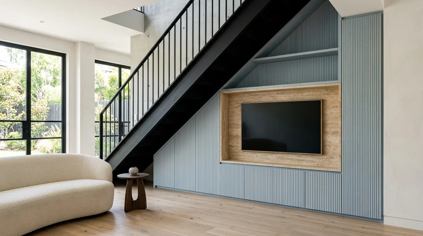Pale blue-grey media wall under a black steel staircase, with reeded fluted panels, a travertine-framed TV recess and fluted lower cabinets, Home Counties