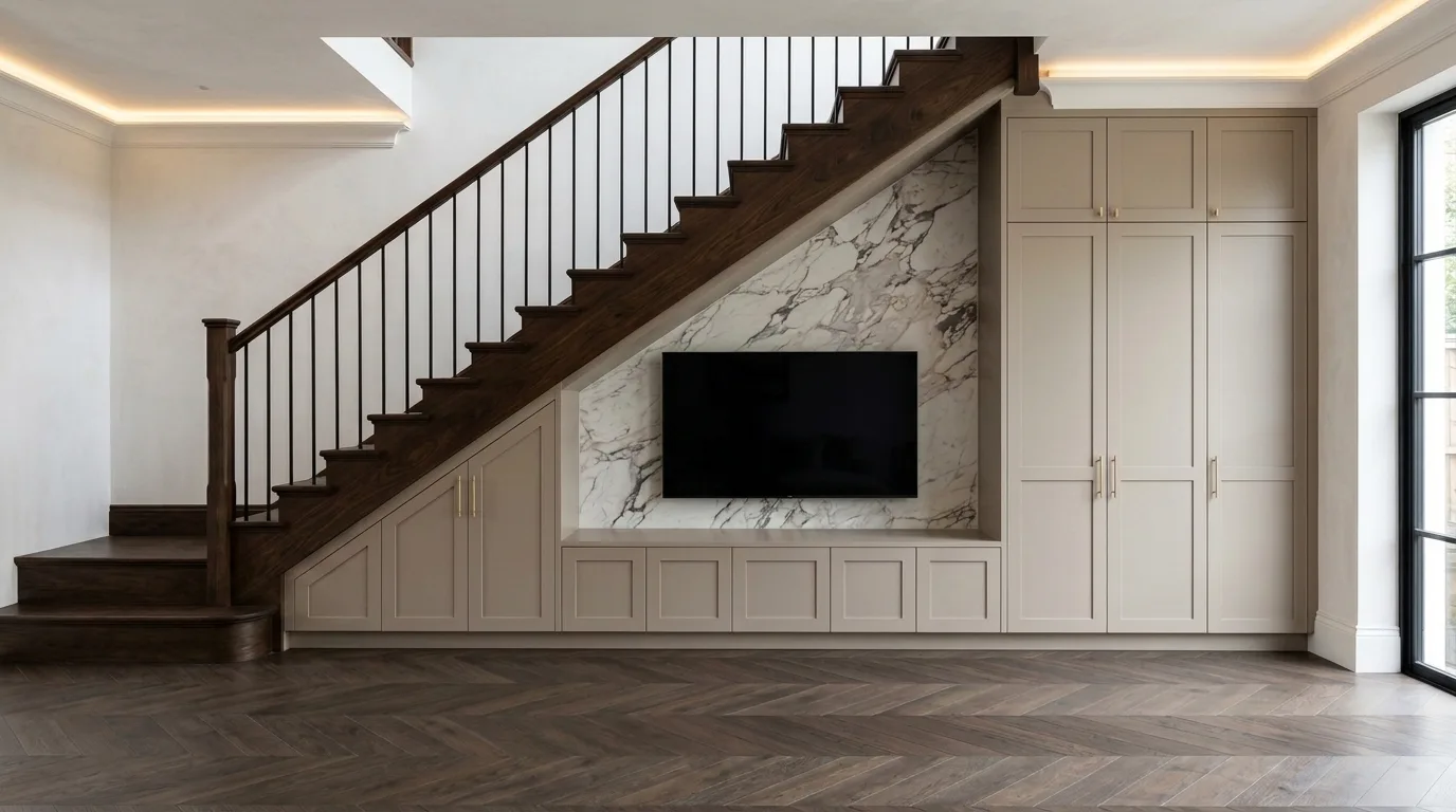 Under-stairs media wall in soft taupe with a book-matched marble TV panel, flanking full-height cabinets and low storage below, Surrey